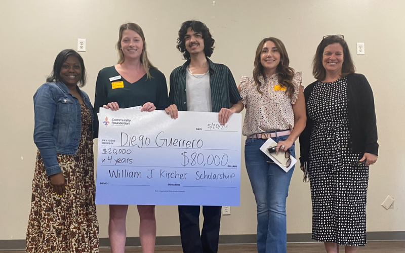 Pictured left to right: Hope Johnson, Counselor at Fern Creek High School; Ellie Smith, Scholarship Coordinator at Community Foundation of Louisville; Diego Guerro, Scholarship Recipient; Joy Steinrock, Community Foundation fundholder; Dr. Rebecca Nicolas, Principal of Fern Creek